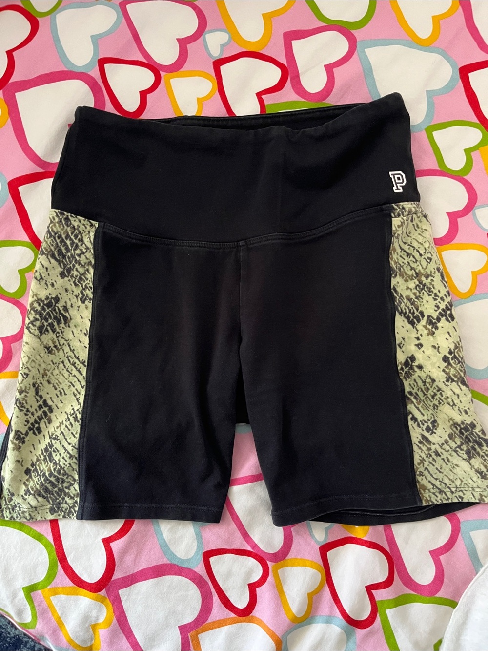 PINK Victoria's Secret Black Athletic Shorts with Green Snake-Print Panels